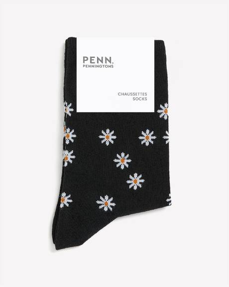 Chaussettes noires à imprimé de marguerites