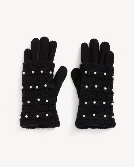 Black Knit Gloves with Cable Knit Overlay