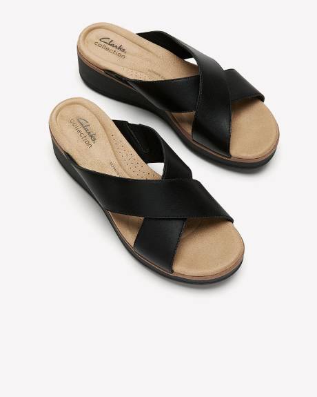 Wide Width, Black Leather Wrenly Ivy Crisscross Wedge Sandal - Clarks