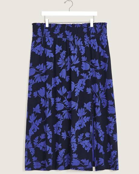Jupe midi en tricot, motif à feuilles, tissu responsable