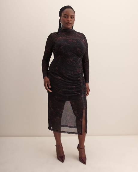 Black Fitted Mesh Midi Dress with Side Shirring - Addition Elle