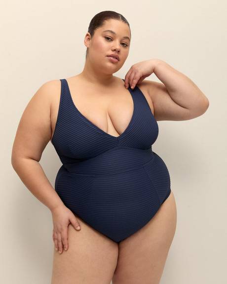 Textured V-Neck One-Piece Swimsuit