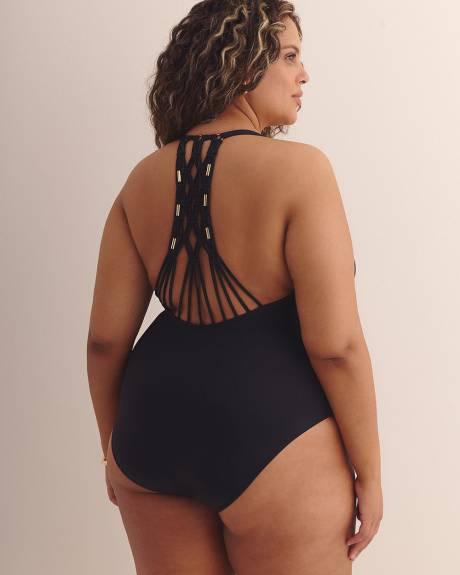 Black Plunging One-Piece Swim Suit with Macrame Back - Bleu by Rod Beattie