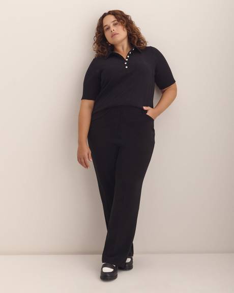 Ribbed Elbow-Sleeve Polo Knit Top