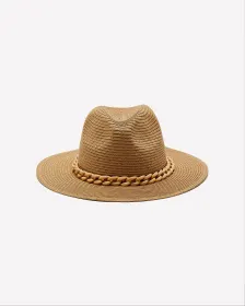 Straw Panama Hat with Chain and Detail Trim