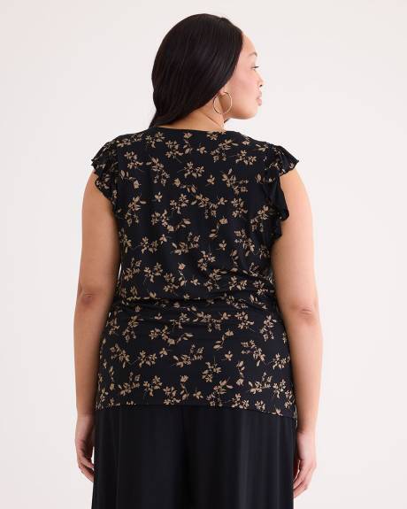 V-Neck Knit Top with Short Flutter Sleeves