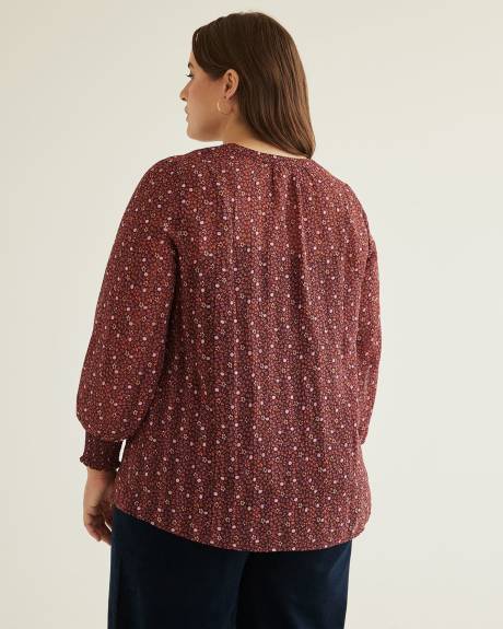Floral Blouse with Split Neckline and Smocked Cuffs