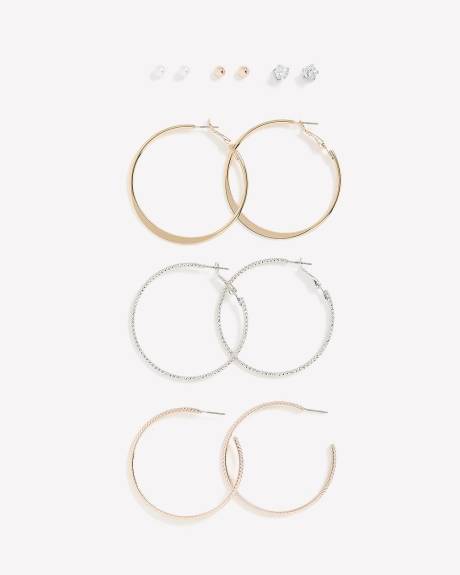 Silver Assorted Stud and Hoop Earrings, Set of 6