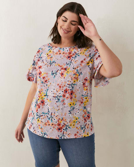 Printed Knit Top With Ruffle Sleeve - In Every Story