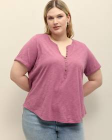 Short-Sleeve Henley Knit Top