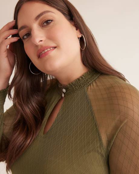 Floral Lace Knit Top with Smocking Mock Neckline