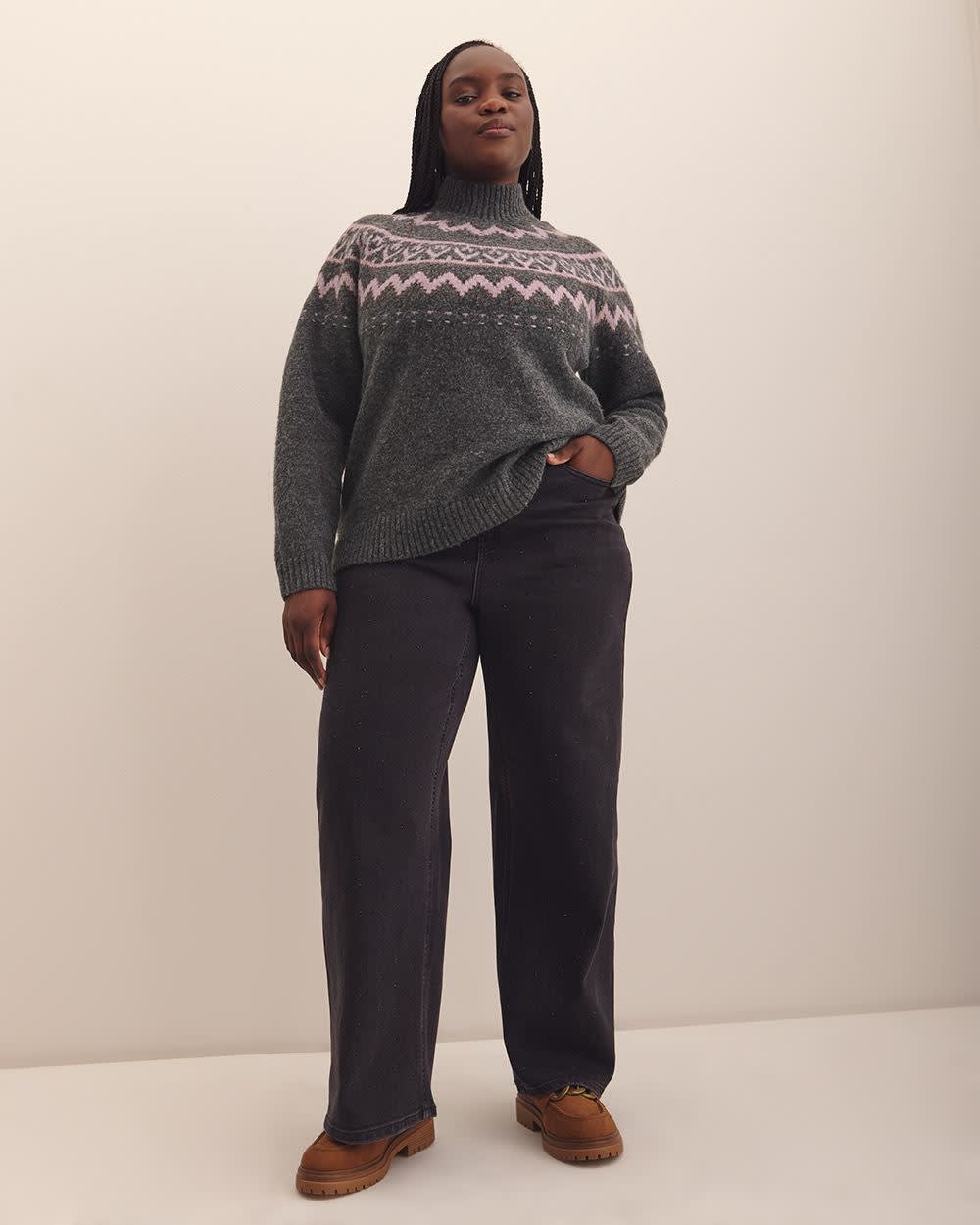 Grey Mock-Neck Sweater with Metallic Fair Isle Print Grey Mock-Neck Sweater with Metallic Fair Isle Print