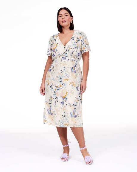 Woven Printed Dress with Short Sleeves and Front Buttons - Addition Elle