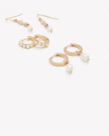 Assorted Mini Hoop Earrings with Pearls, Set of 3