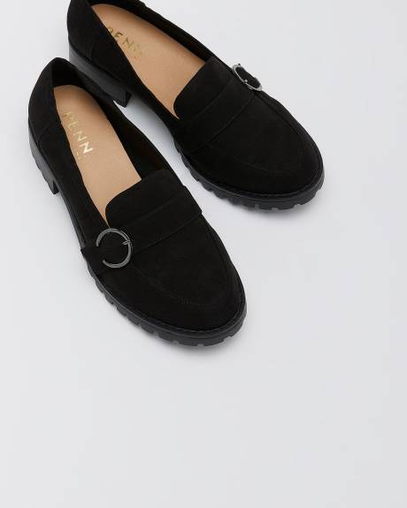 Flâneur surélevé noir en suède avec boucle de ceinture décorative, pied très large