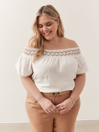 Off-Shoulder Poplin Blouse with Embroidery