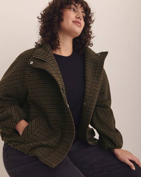 Houndstooth Balloon-Hem Bomber Jacket