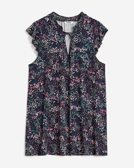 Responsible, Printed Flutter Sleeve Tunic with Smocked Neckline