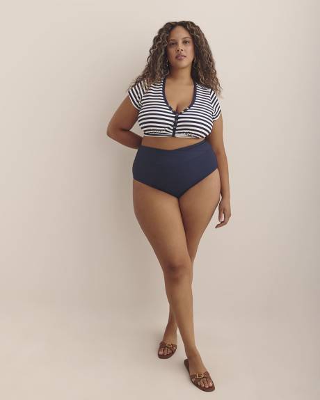 Blue Stripe Cap-Sleeve Longline Bikini Top