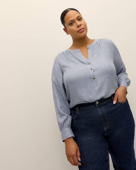Long-Sleeve Half-Placket Twill Blouse