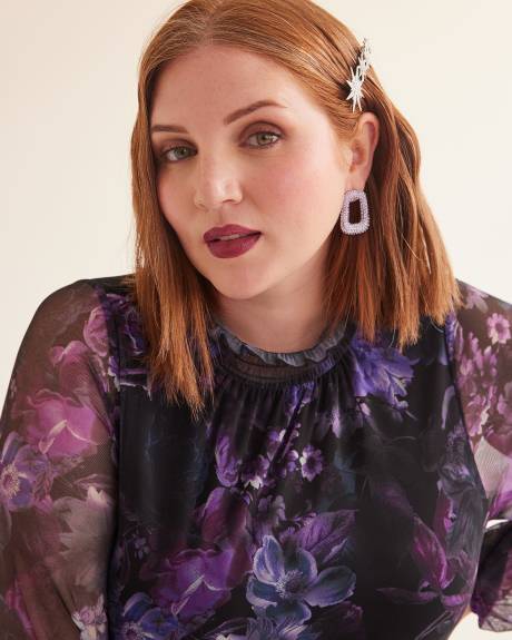 Floral Mesh Top with Smocking Collar