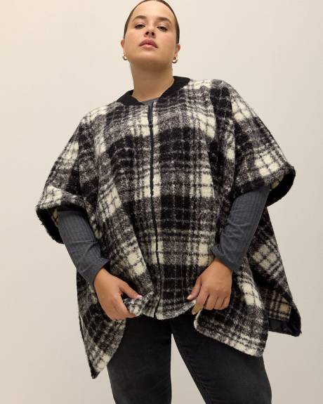 Bouclé Plaid Cape with Front Zipper
