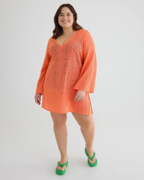 Long-Sleeve Crochet Swim Cover-Up