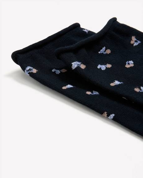 Navy Rolled-Edge Crew Socks with Cherry Print