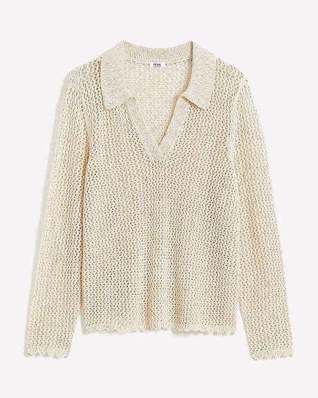 Responsible, Long-Sleeve Open-Stitch Polo Sweater