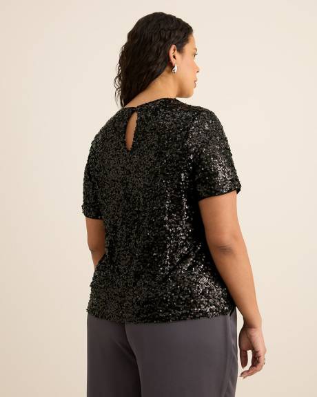 Short-Sleeve Sequins Crewneck Top