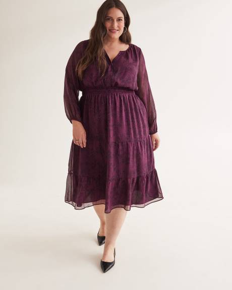 Floral Long-Sleeve Tiered Midi Dress