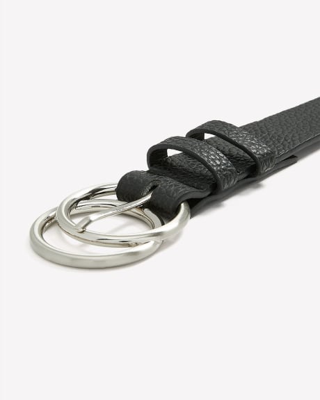 Slim Pebble Faux-Leather Belt with Double-Ring Buckle