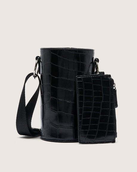 Black Croco Bottle Bag with Mini Zip Pouch