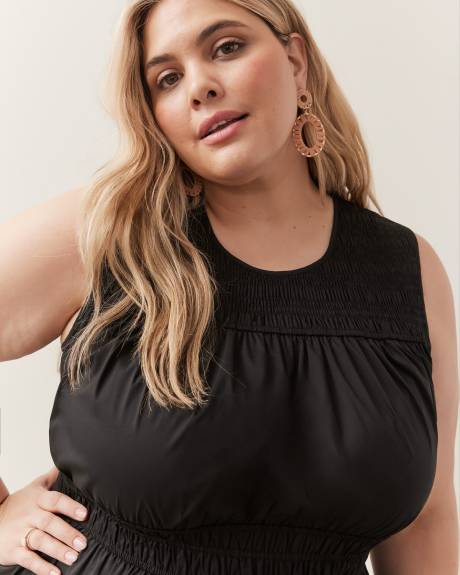 Robe longue sans manches à smocks en popeline