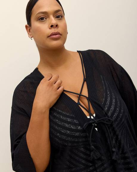 Black Knit Cover-Up Swim Dress with 3/4 Sleeves
