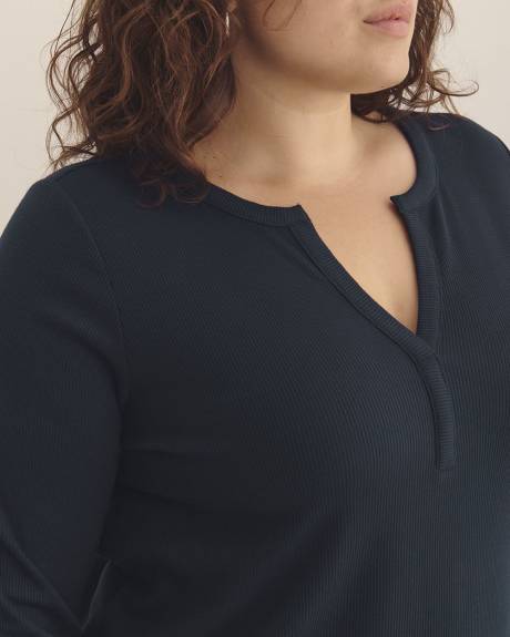 Long-Sleeve Split-Neck Waffle Knit Top