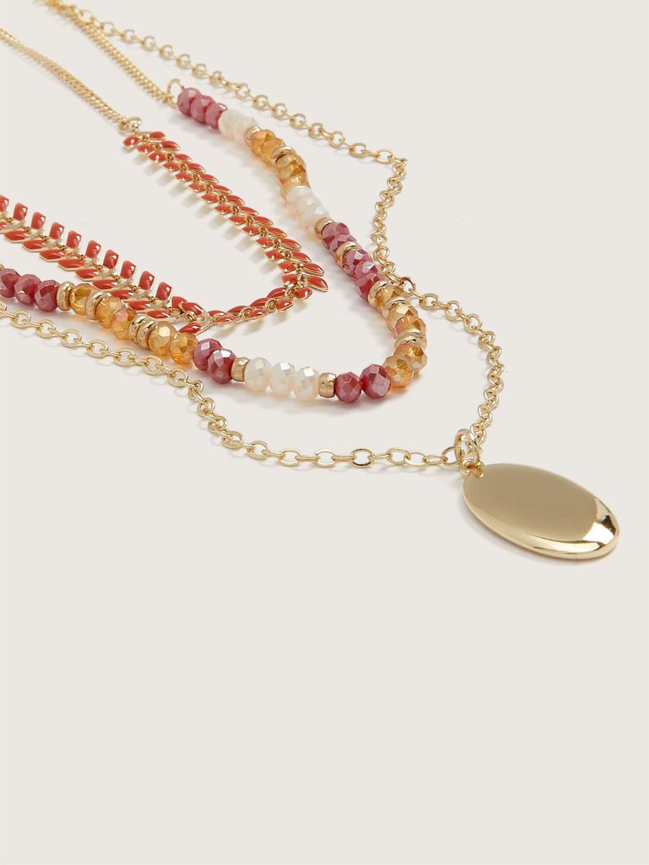 Three-Layer Necklace with Beads and Medallion Pendant