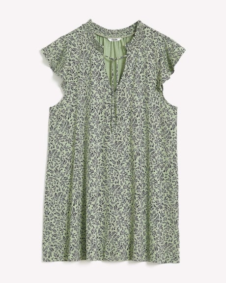 Responsible, Printed Flutter Sleeve Tunic with Smocked Neckline