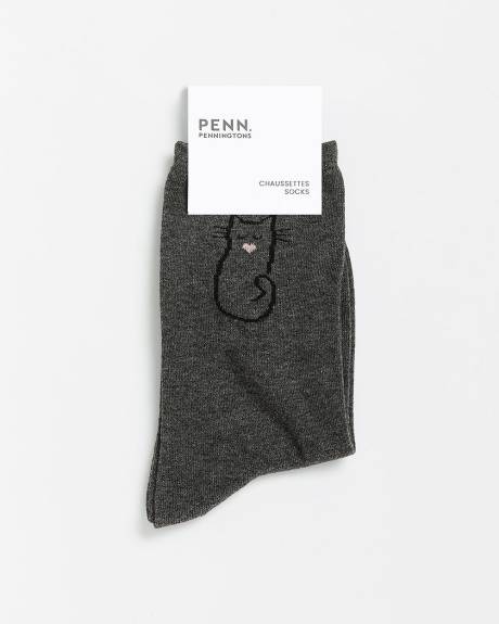 Grey Crew Socks with Cat Outline Print