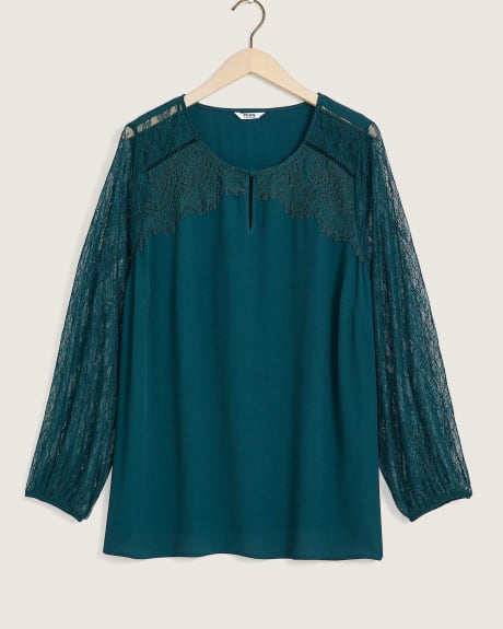 Solid Long-Sleeve Blouse with Lace