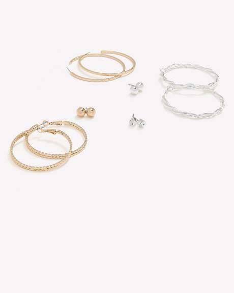 Silver and Golden Medium Hoops and Stud Earrings, Set of 6