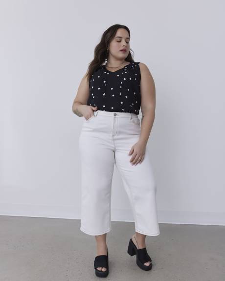 Blouse tunique sans manches à encolure en V, motif à pois, tissu responsable
