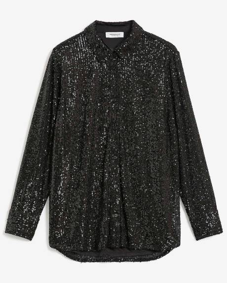 Long Buttoned-Down Sequins Shirt - Addition Elle