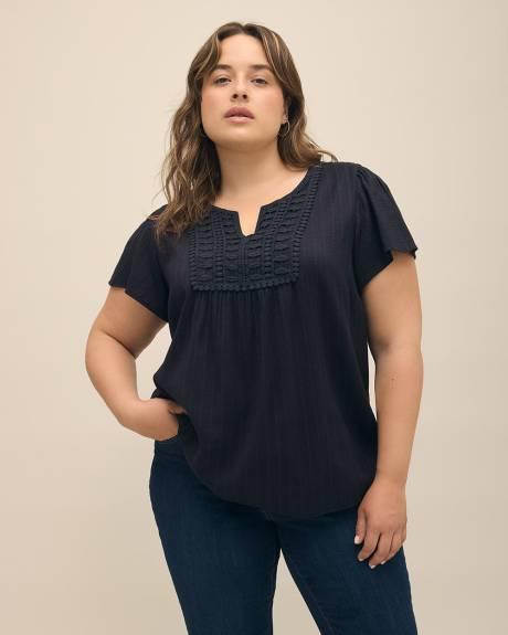 Split-Neck Blouse with Crochet Details