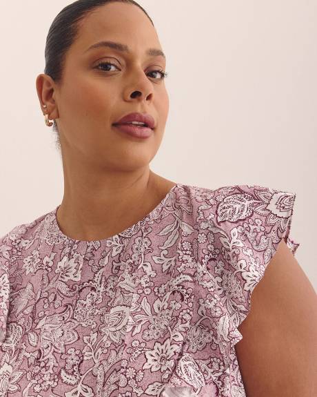 Short Sleeve Ruffle Blouse with Pintucks Detail