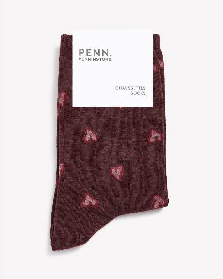 Burgundy Crew Socks, Heart Print