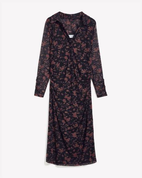 Robe mi-longue en maille noire fleurie avec col chemise - Addition Elle