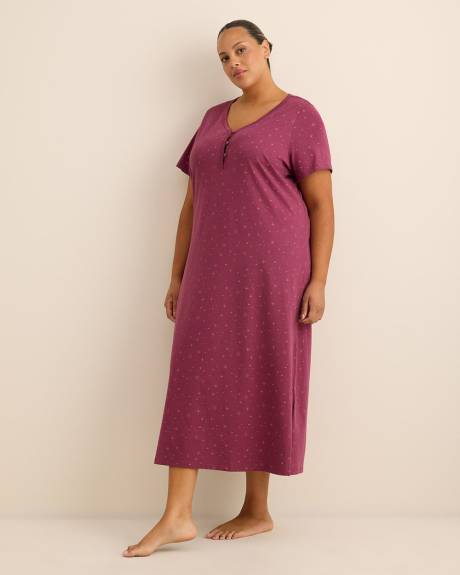 Long Purple Short-Sleeve Knit Sleepshirt with Star Print - ti Voglio Long Purple Short-Sleeve Knit Sleepshirt with Star Print - ti Voglio