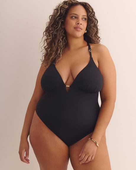 Black Plunging One-Piece Swim Suit with Macrame Back - Bleu by Rod Beattie