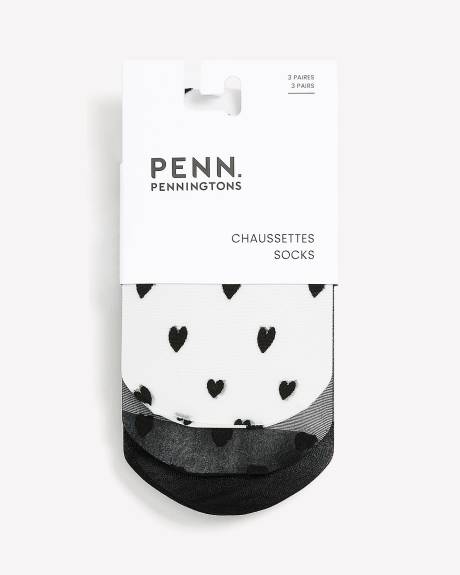 Black Nylon Ankle Socks Heart Detail, Set of 3